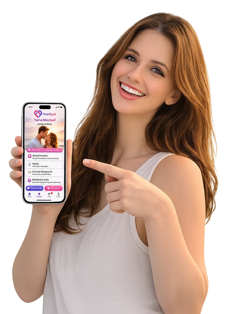 Woman showing a HeartLynk compatibility match on her phone