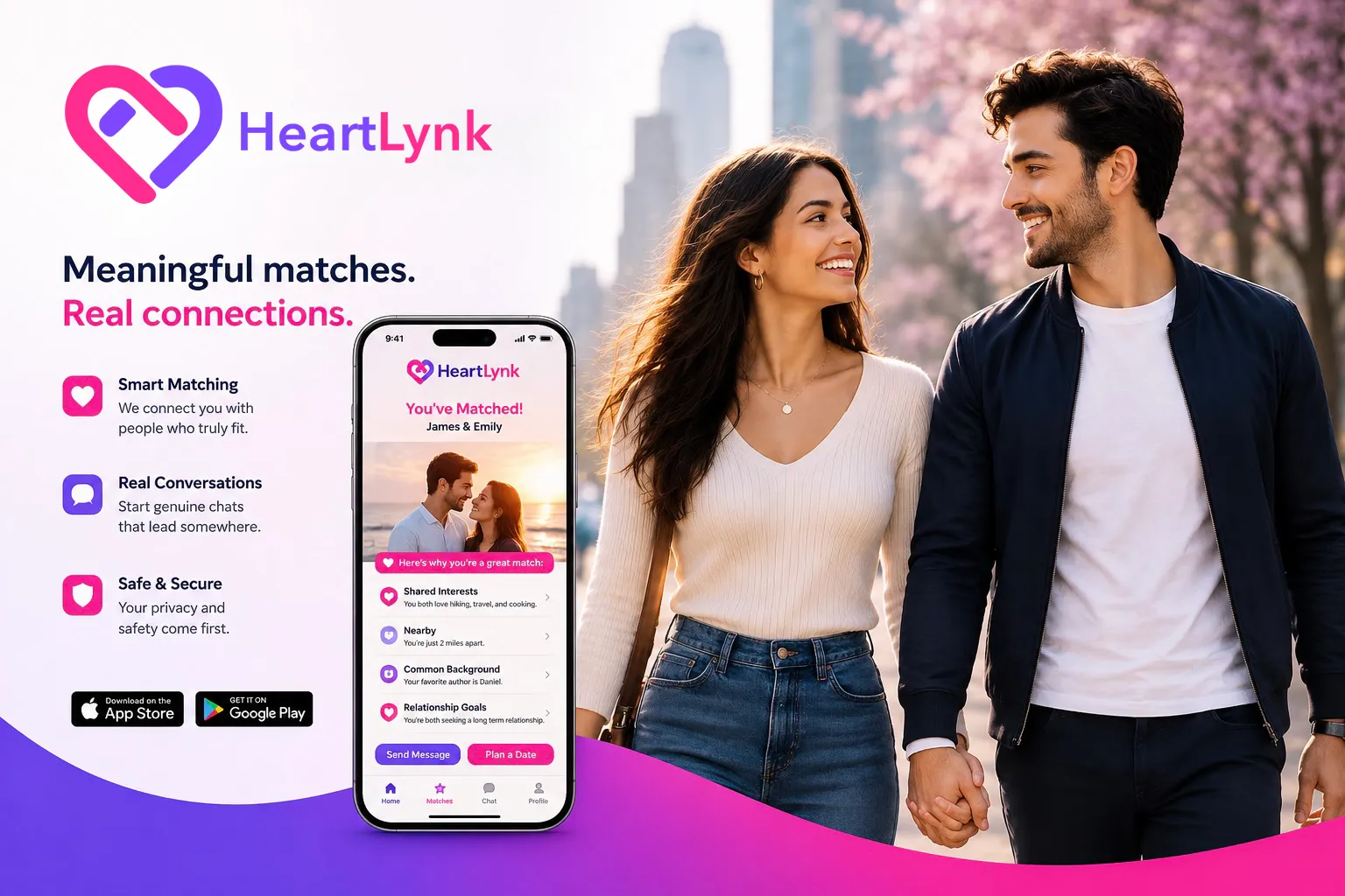 HeartLynk: Meaningful matches. Real connections. A couple walking together.